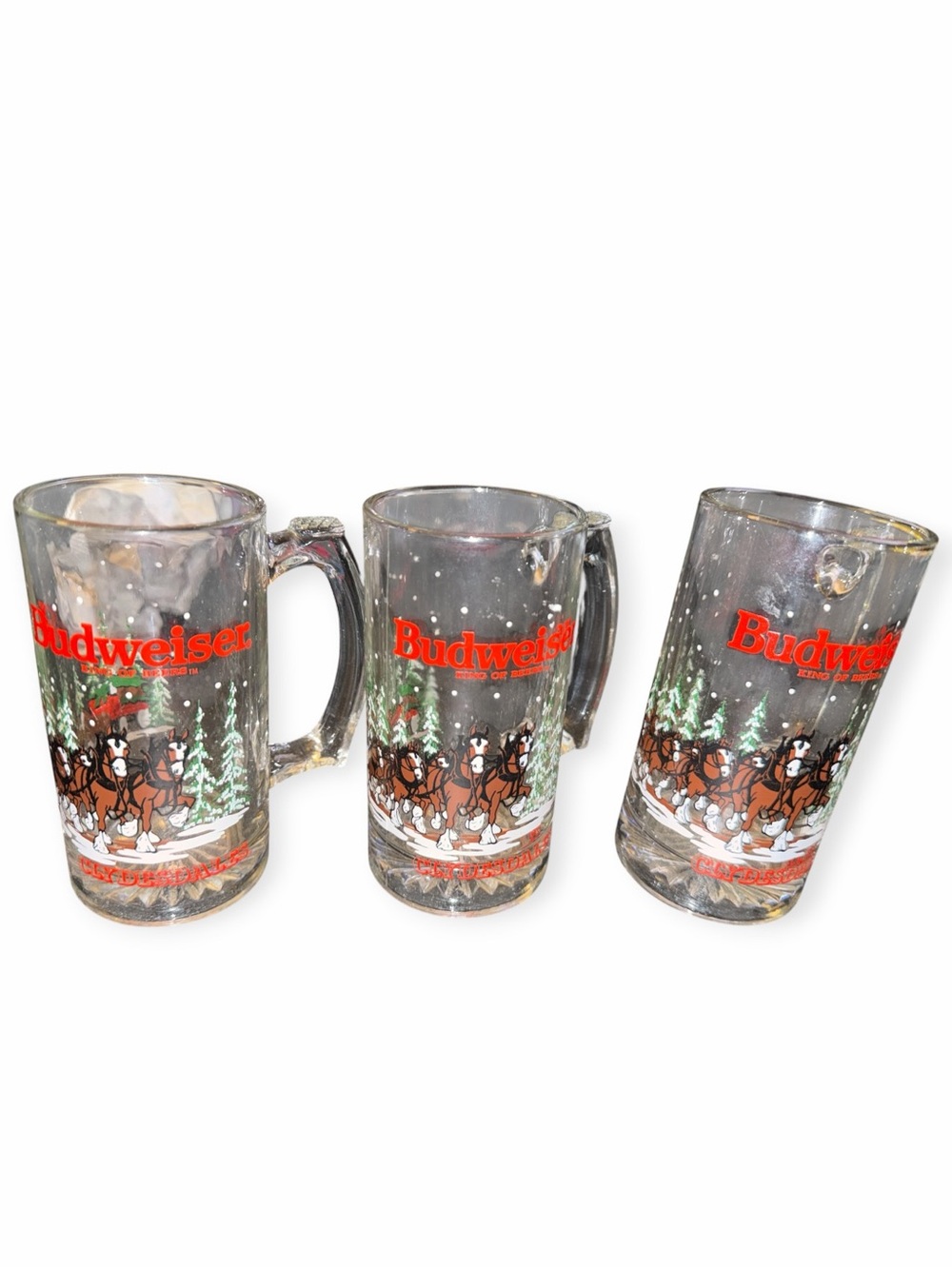 Budweiser Clear Glass Holiday Beer Mugs with Clydesdale Design - Set of 3